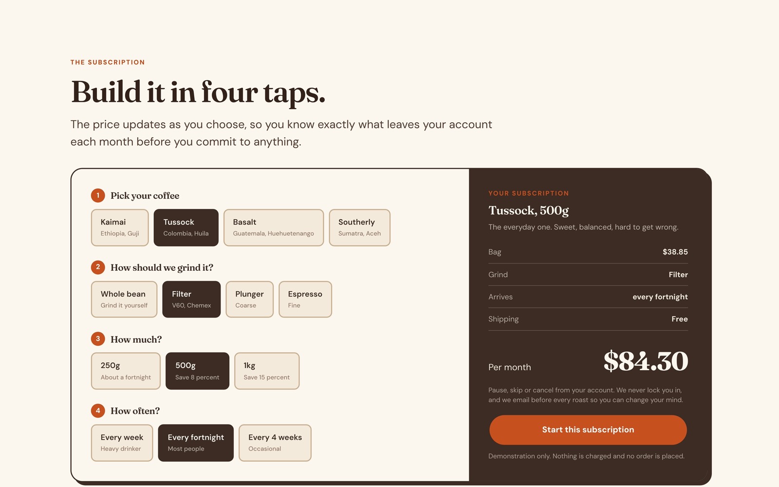 The subscription builder with the running monthly total