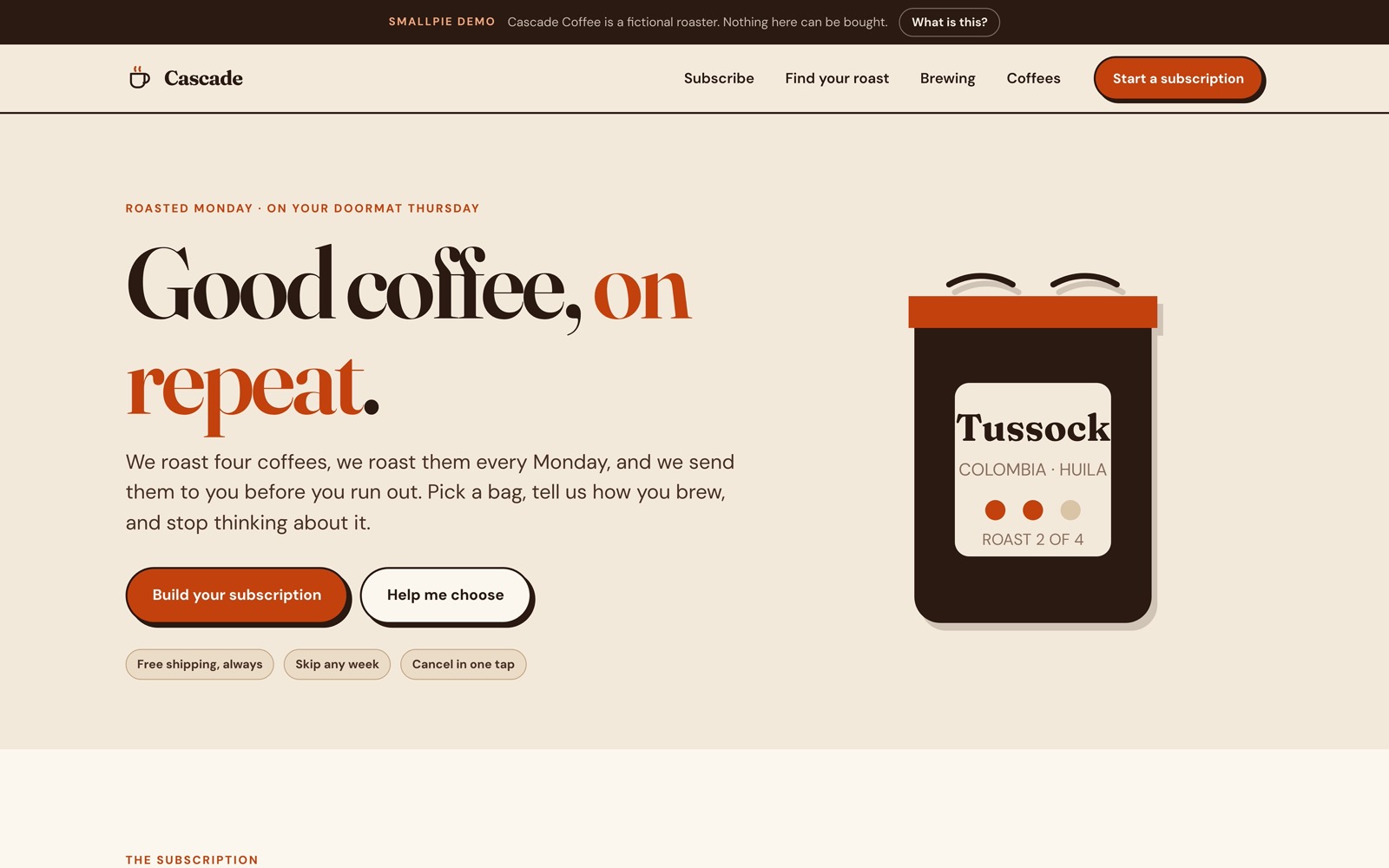 The Cascade Coffee home page with the drawn coffee bag