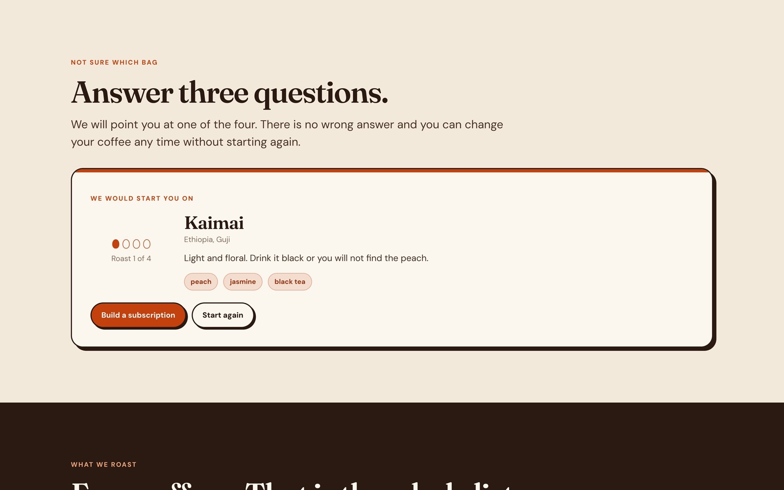 The flavour matcher result showing a recommended roast