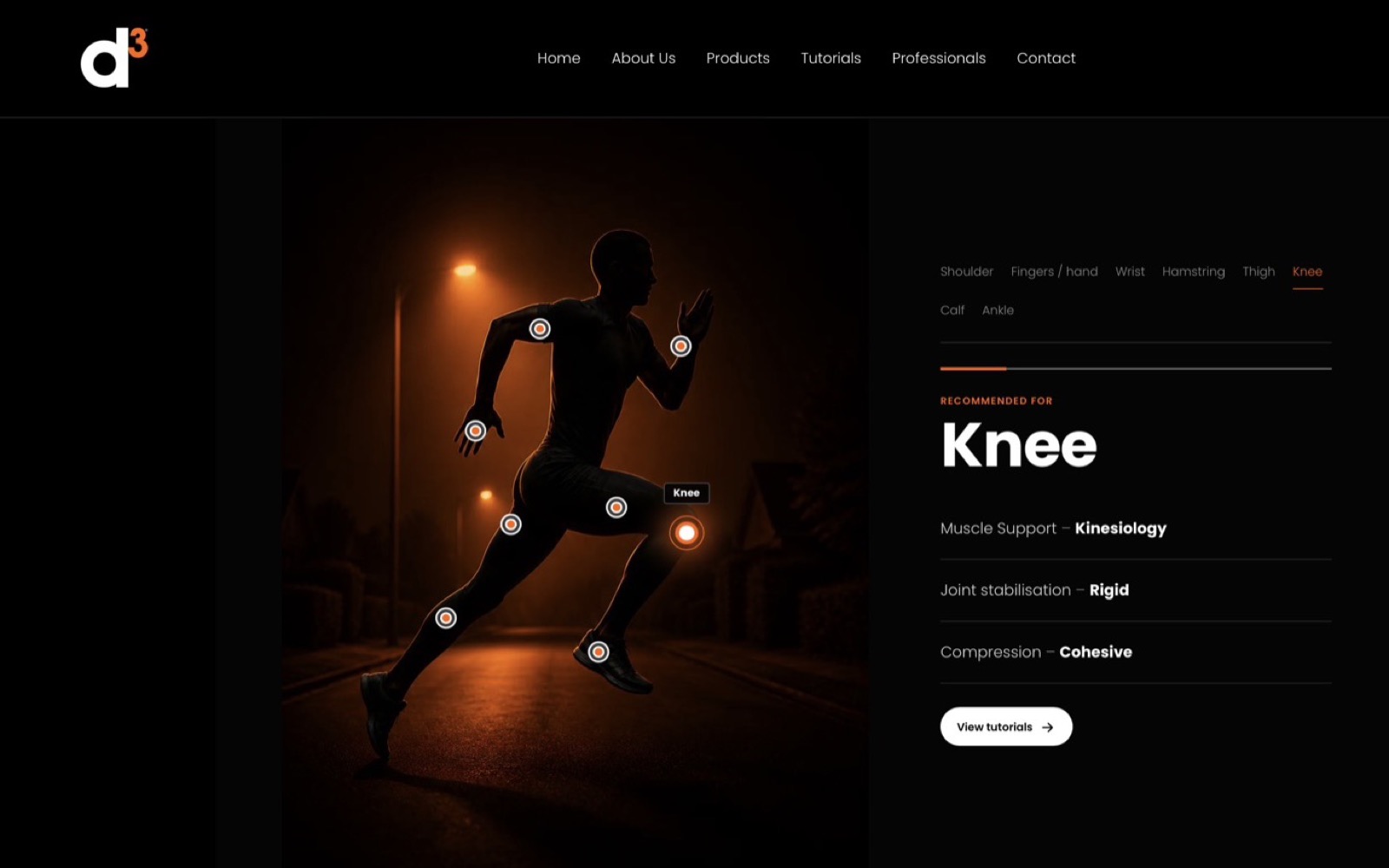 The d3tapeusa.com body-zone product finder with the knee selected