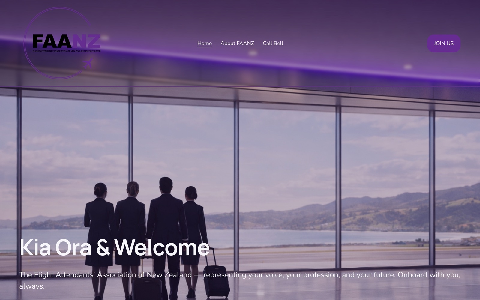 The FAANZ home page, cabin crew looking out over the runway