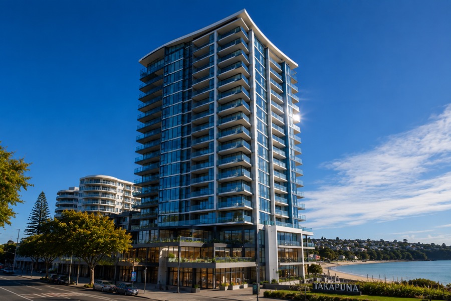 Glass office and retail tower on the Takapuna waterfront