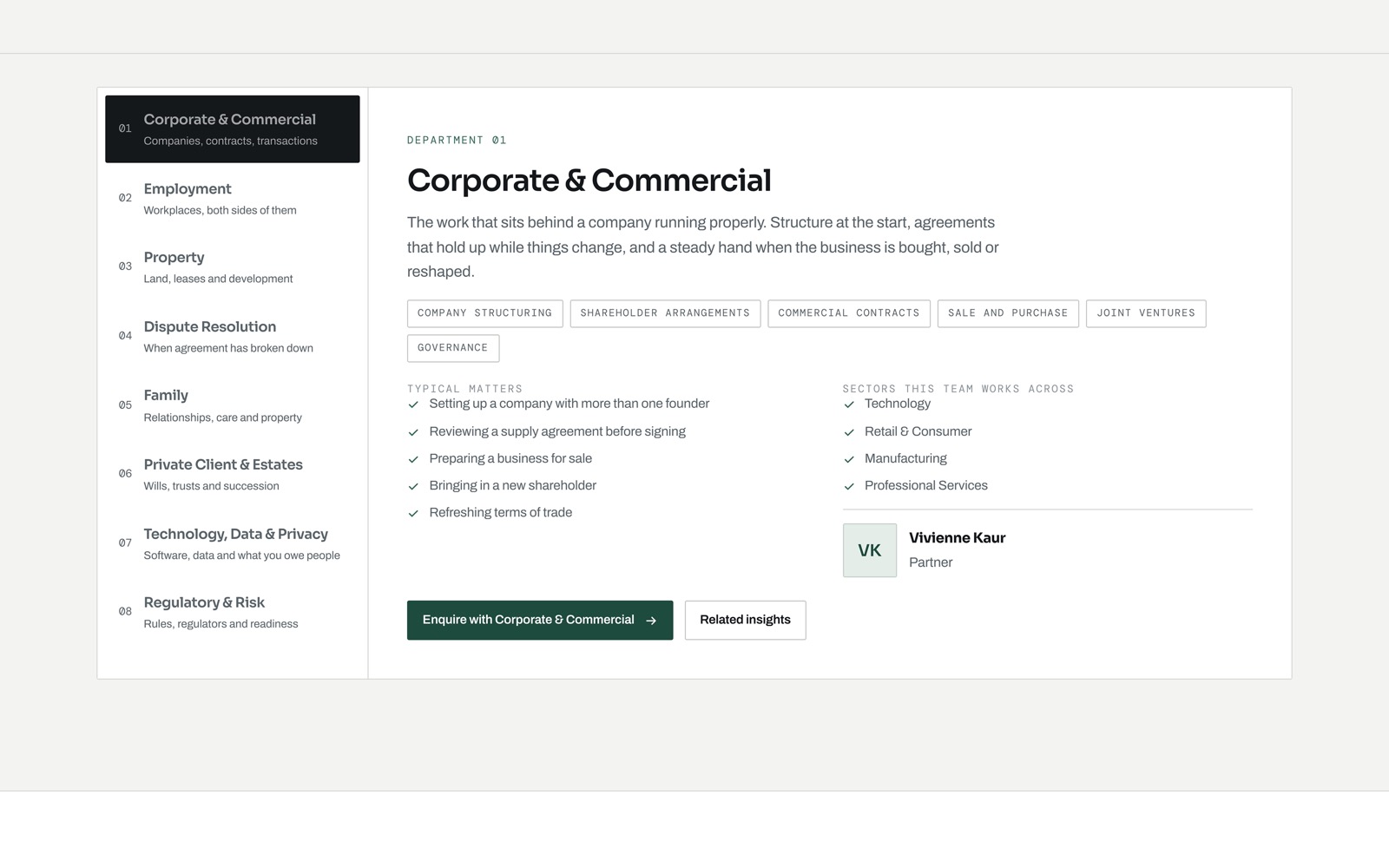 The expertise directory with eight departments and a detail pane