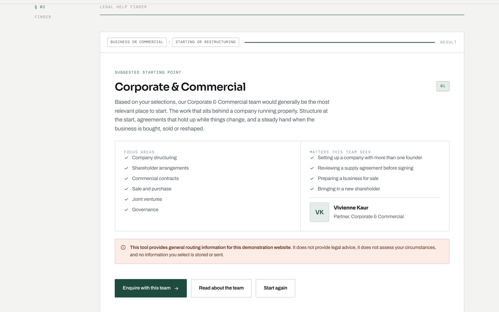 The Legal Help Finder showing a routed result for Corporate and Commercial
