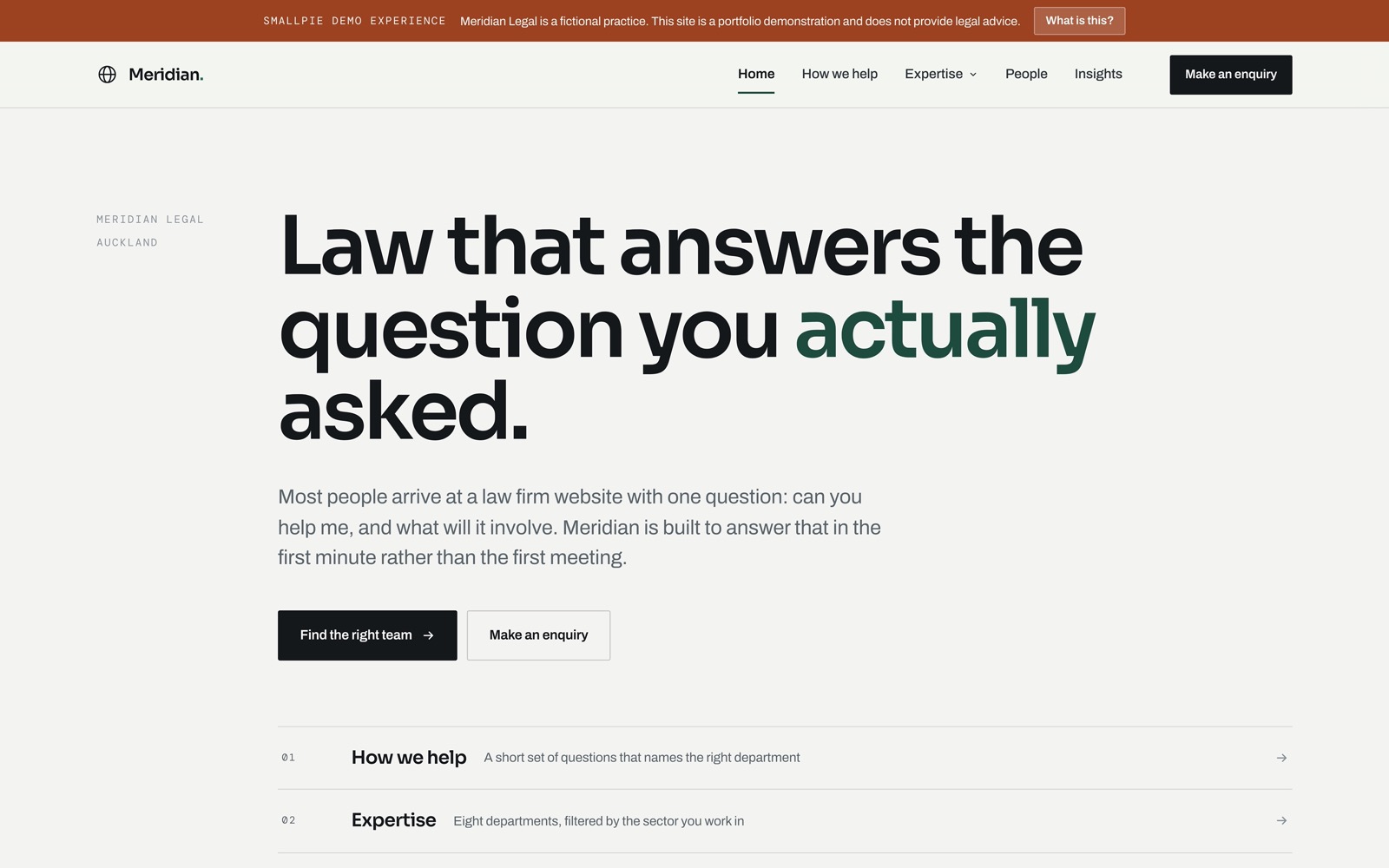 The Meridian Legal home page, with the section index below the headline