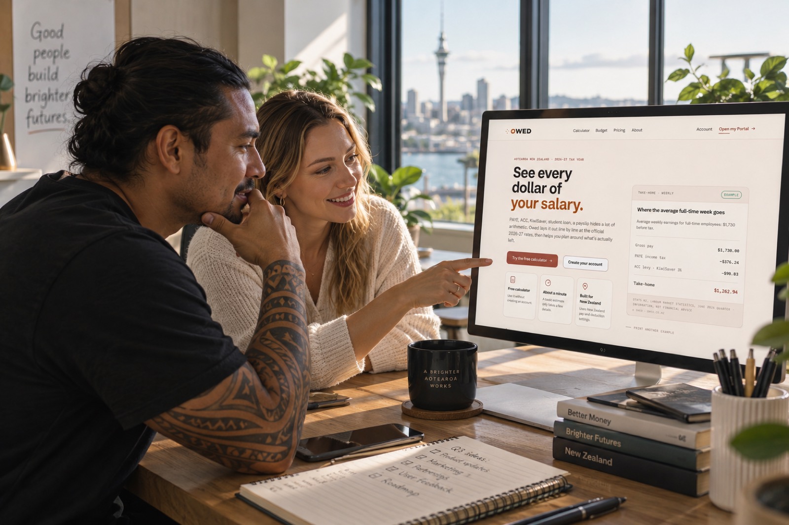 Two people at a desk looking over the Owed site together