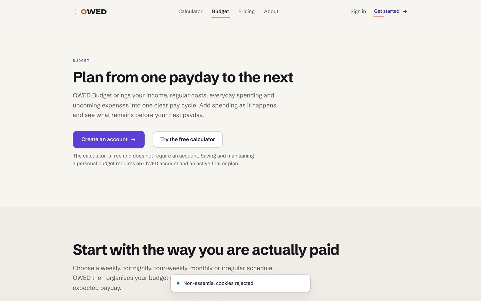The Owed budget page, planning from one payday to the next