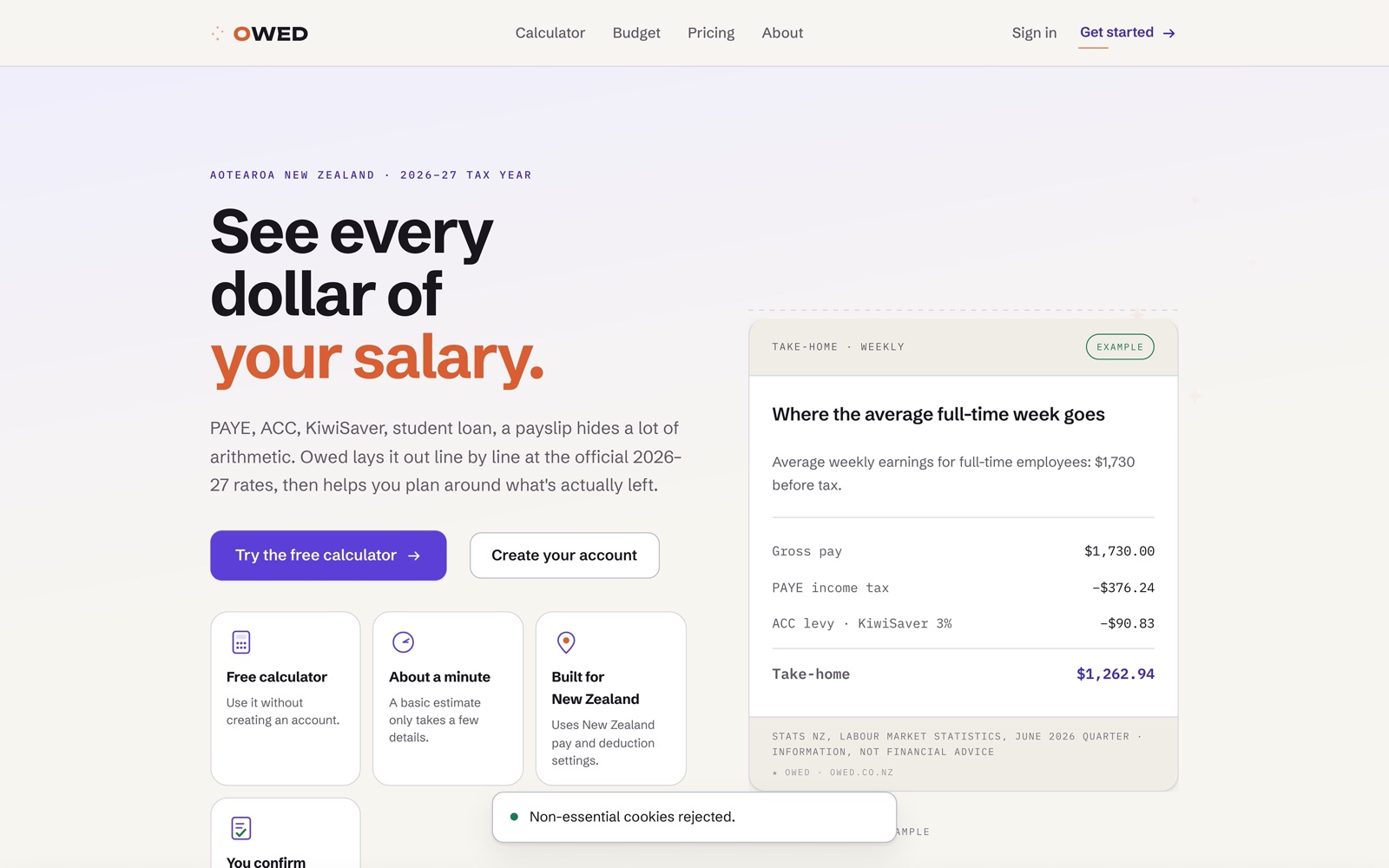 The Owed home page showing a weekly take-home breakdown