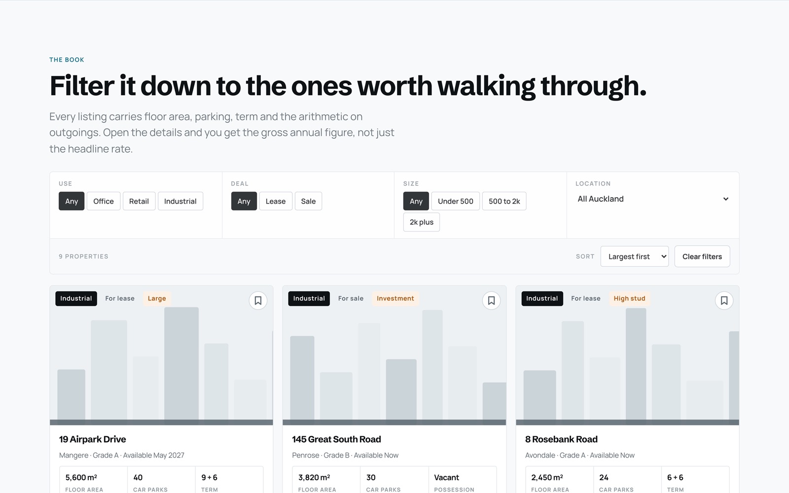 The listing book filtered by use, deal and floor area