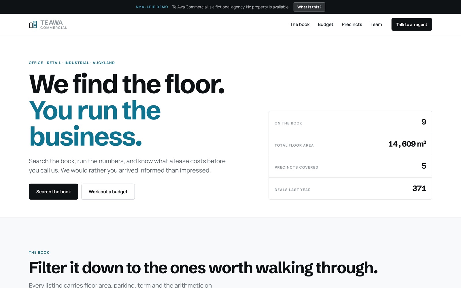 The Te Awa Commercial home page with the live book summary