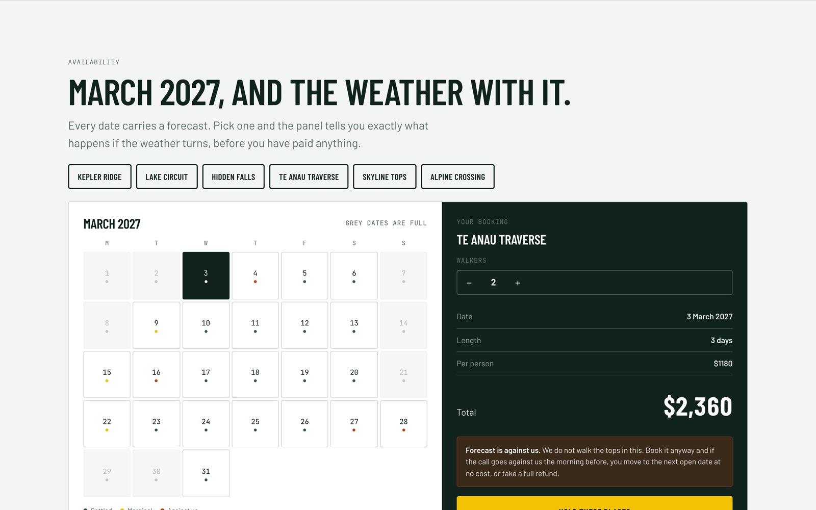 The availability calendar showing a date the weather is against