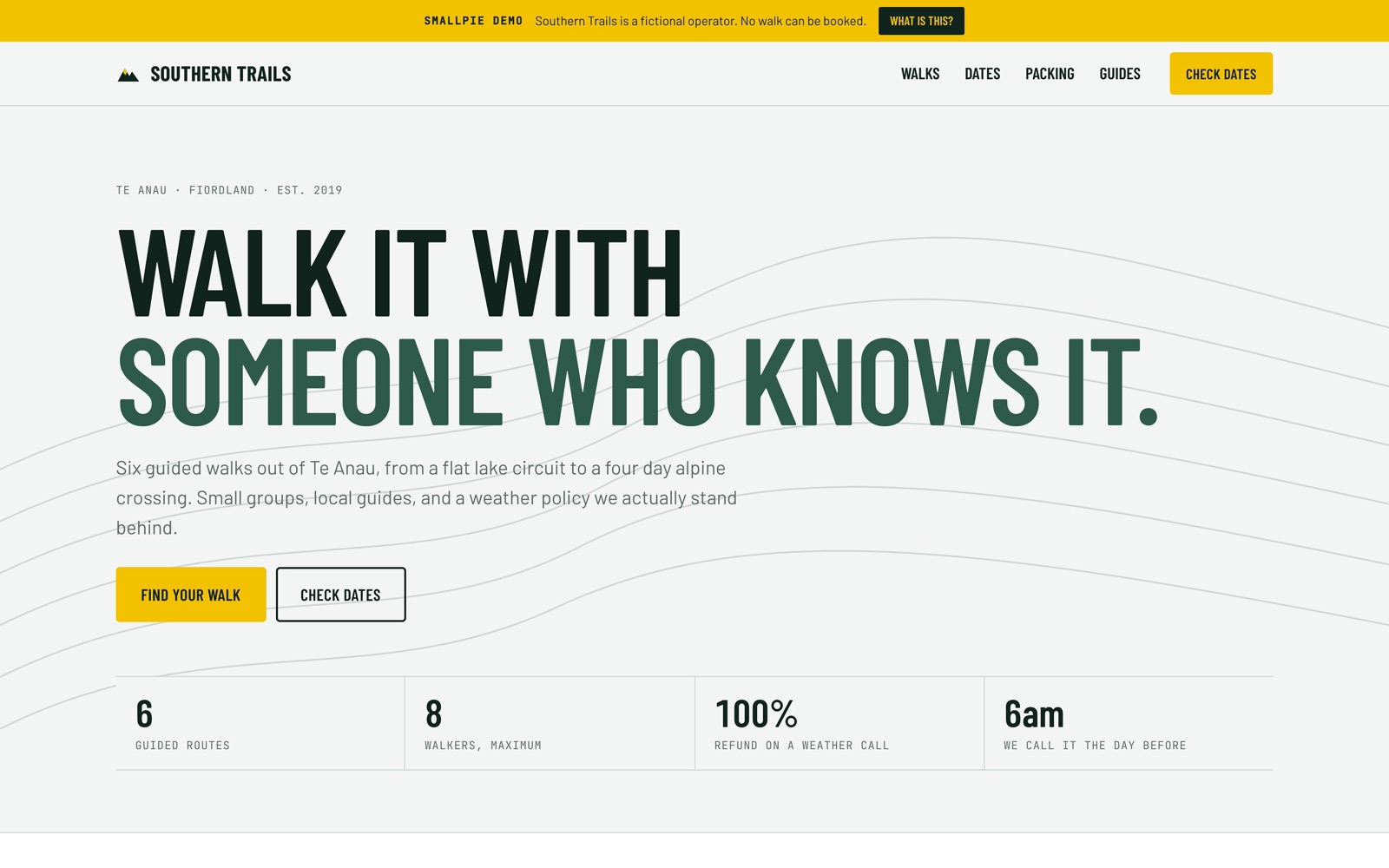 The Southern Trails home page with contour lines behind the headline