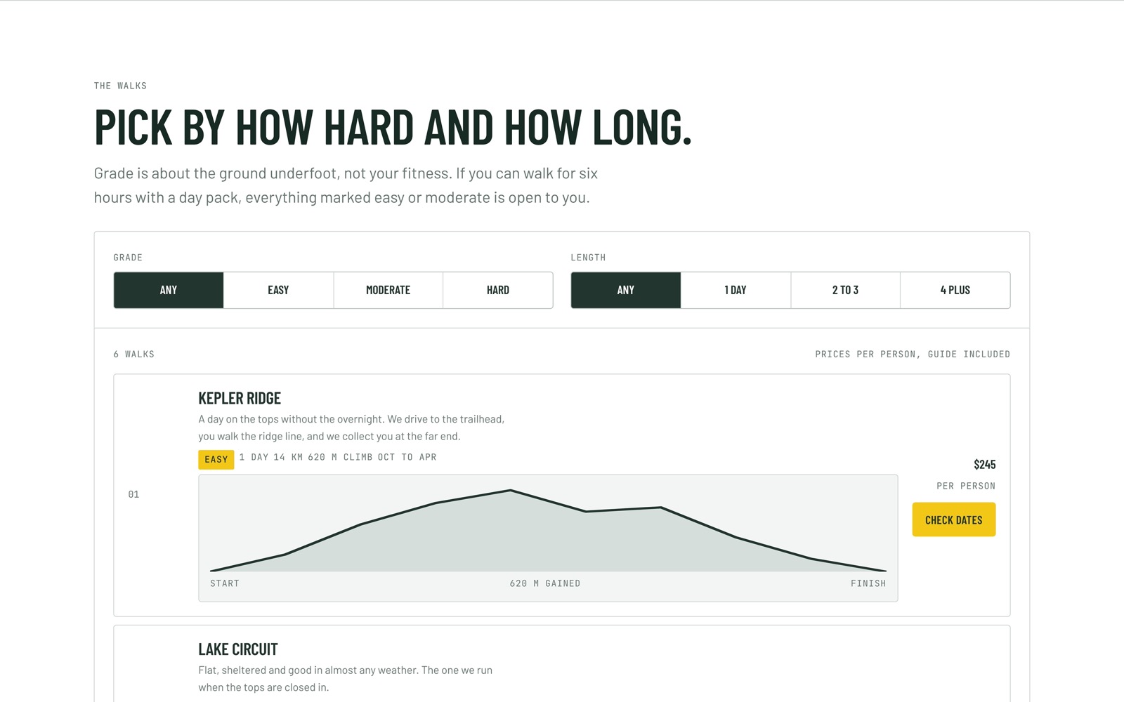 The walk finder filtered by grade and length, with elevation profiles