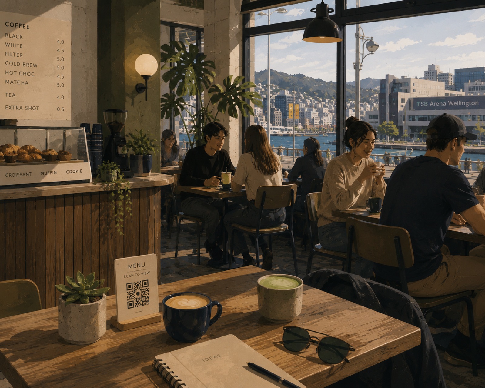The Cascade Coffee counter, QR menu on the table