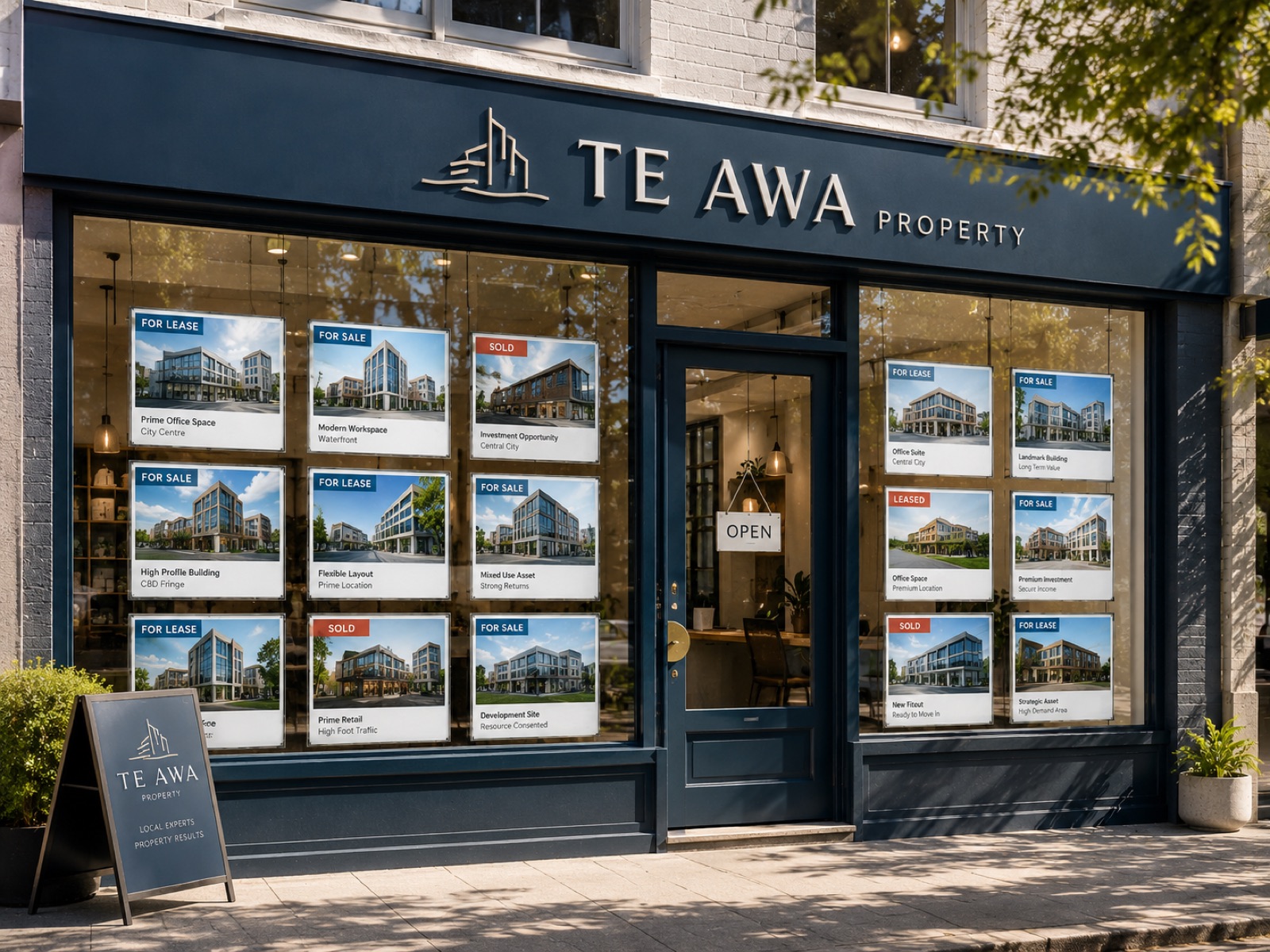 The Te Awa Commercial shopfront, window cards showing office and investment listings