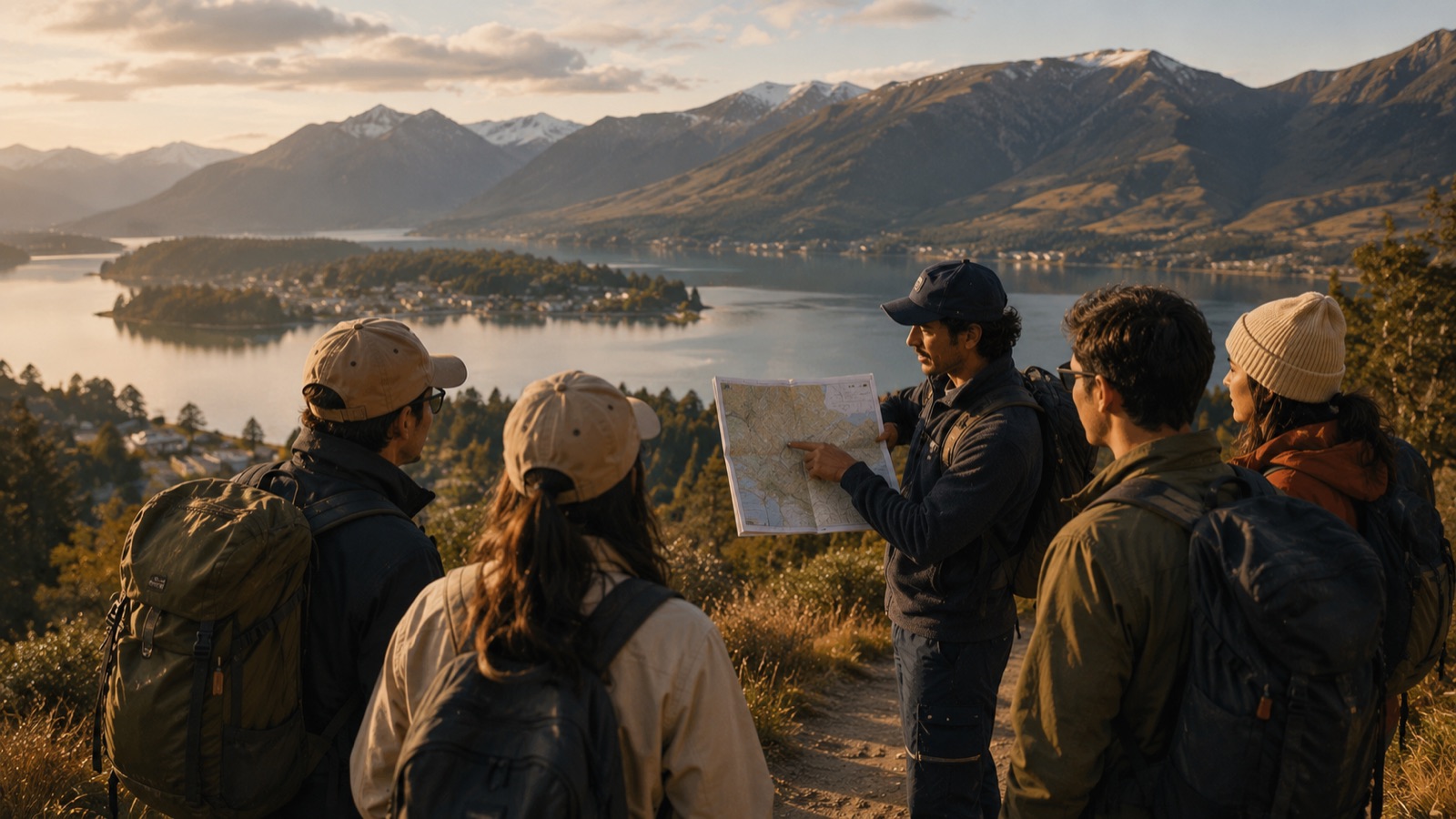 A guide walking the group through the trail map above the lake